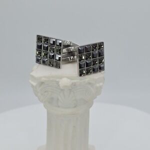 Vintage SWAROVSKI Signed Cufflinks Dark Crystals Checkerboard Gunmetal Gray